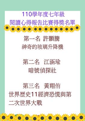 110學年度七年級閱讀心得報告比賽得獎名單圖片