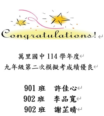 114學年度 九年級第2次模擬考成績優良名單